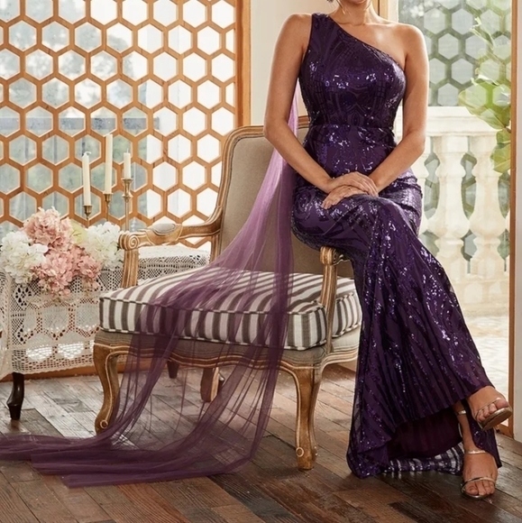 Formal Sheath, contrast Sequin,  assymmetrical,  Maxi Dress for special … - Picture 3 of 16